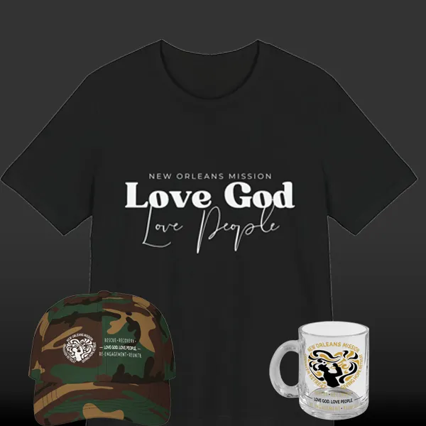 New Orleans Mission merch - shirt, cap, and mug